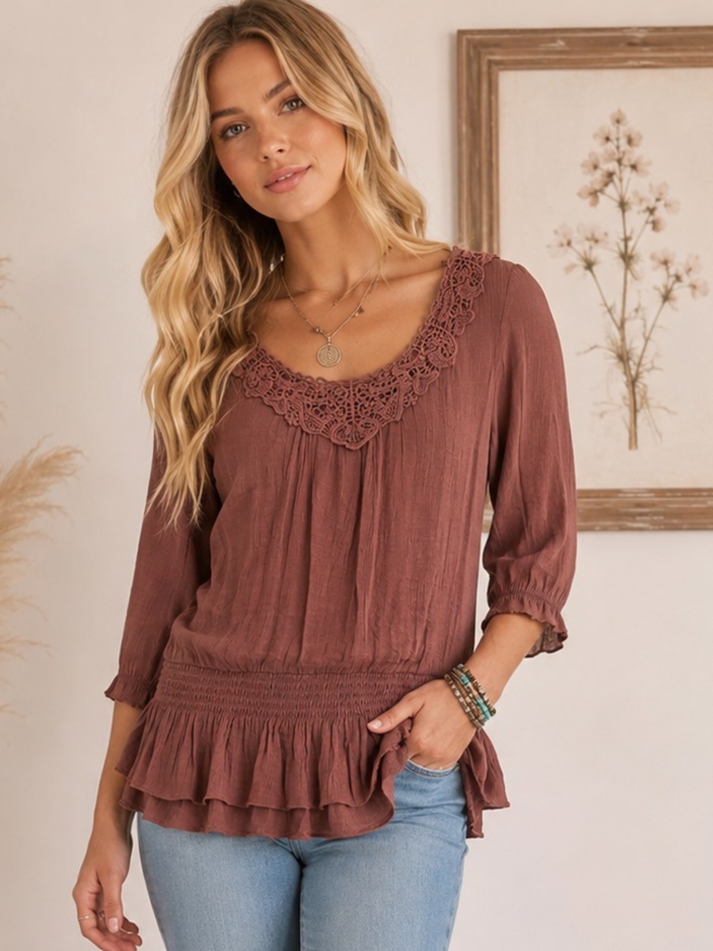 Anthropologie mine-Brown Lace-Trim Peplum Tunic